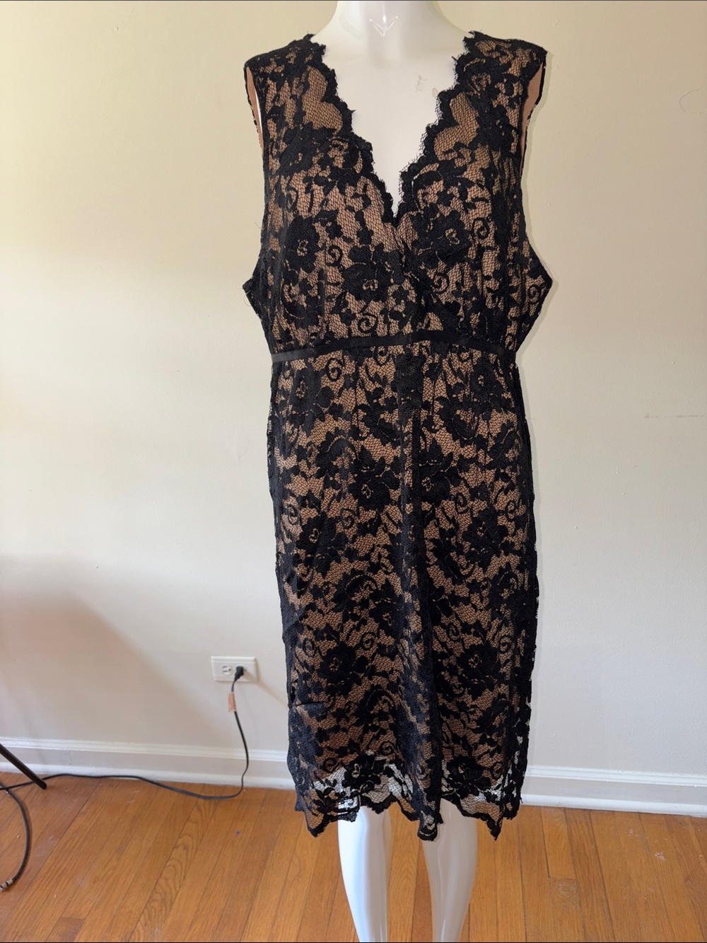 Max Studio Black Lace V-Neck Mini Dress with Nude Underlay